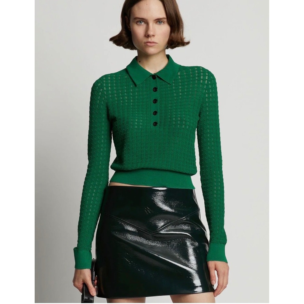 Proenza Schouler Women Green Open Knit Polo Top Size S Long Sleeve Preppy Luxury